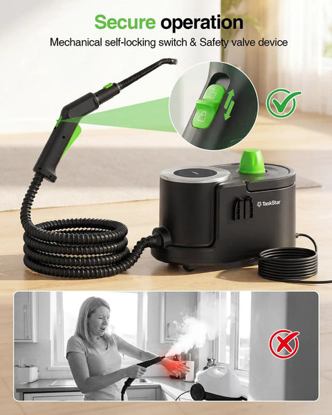 Heavy Duty TaskStar Steam Cleaner With High Pressure for Cleaning Floors and Greasy Grills, demonstrating secure operation features.