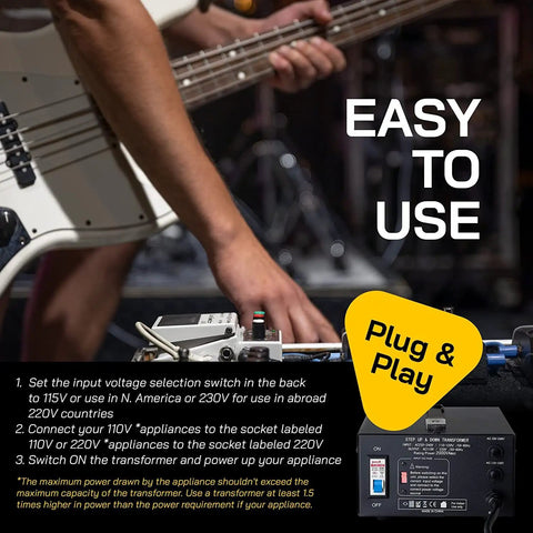 Beefy 2000 Watt Maximum Voltage Converter Transformer next to guitar showcasing European and Asian compatibility