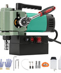 Heavy Duty 1450W Magnetic Drill Press With 1.4 Inch Max Drilling Diameter And 650RPM Speed featuring motor, drill bit, and accessories.