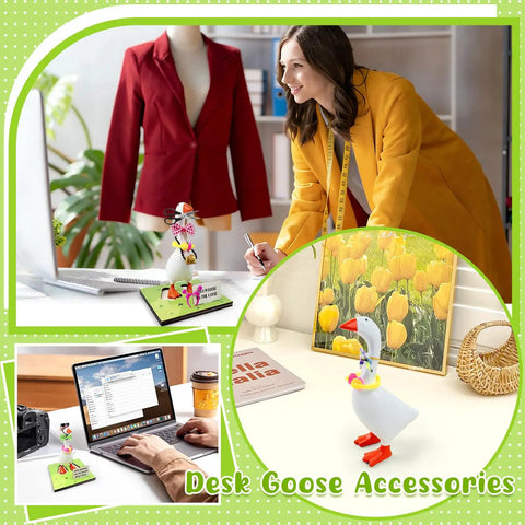 Goose Key Holder Desk Statue With Magnetic Base And Fashion Accessories Pack Hats Bow Ties Necklaces Headphones Chalkboard Cap For Home Office Decor And A Fun New Apartment Housewarming Gift displayed on a desk.