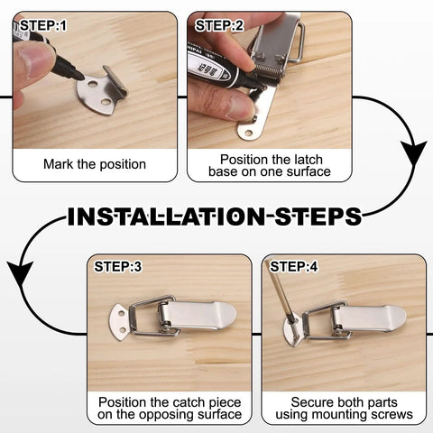 Installation steps for 4 Pack Stainless Steel Spring Loaded Toggle Latches With Mounting Screws For Cabinets Tool Boxes Chests Barn Doors And Wooden Cases Built Tough For Everyday Use.