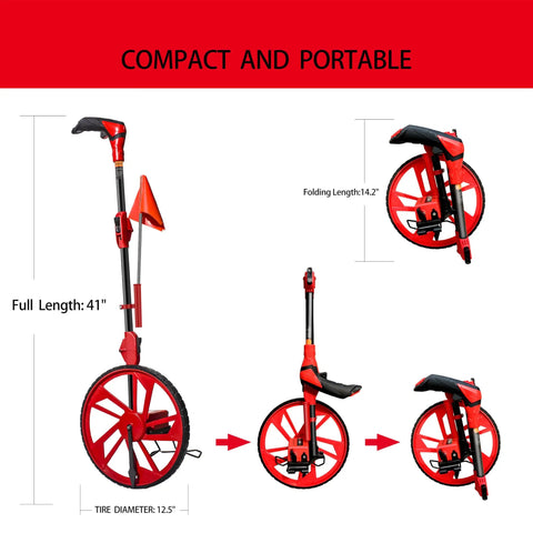 Smooth Rolling Distance Measuring Wheel In Feet With Ten Marking Flags And Handy Clip, 12.5 Inch Diameter, Pop Up Shaft, Instant Zero Out, Rugged Canvas Bag, Solid Gear For Yard Work Or Construction Jobs