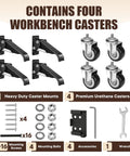Heavy Duty Workbench Casters Kit 900 Lbs Quick Release With Two Mounting Options showing components including mounts and casters.