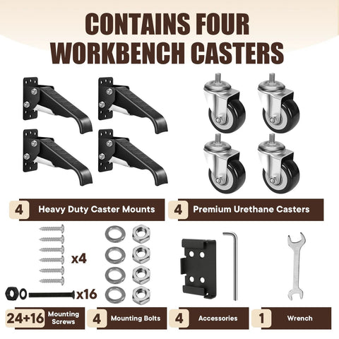 Heavy Duty Workbench Casters Kit 900 Lbs Quick Release With Two Mounting Options showing components including mounts and casters.