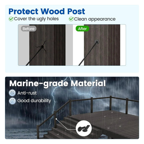 Comparison of wood post before and after using Upgraded 40 Pack Pro Grade Heavy Duty Cable Railing Angle Protector Sleeves For Wood Posts 25 30 35 Degree Fits One Eighth Inch Five Thirty Second Inch And Three Sixteenth Inch Cable Railing System Includes Drill Bit And Hardware, with marine-grade material benefits.