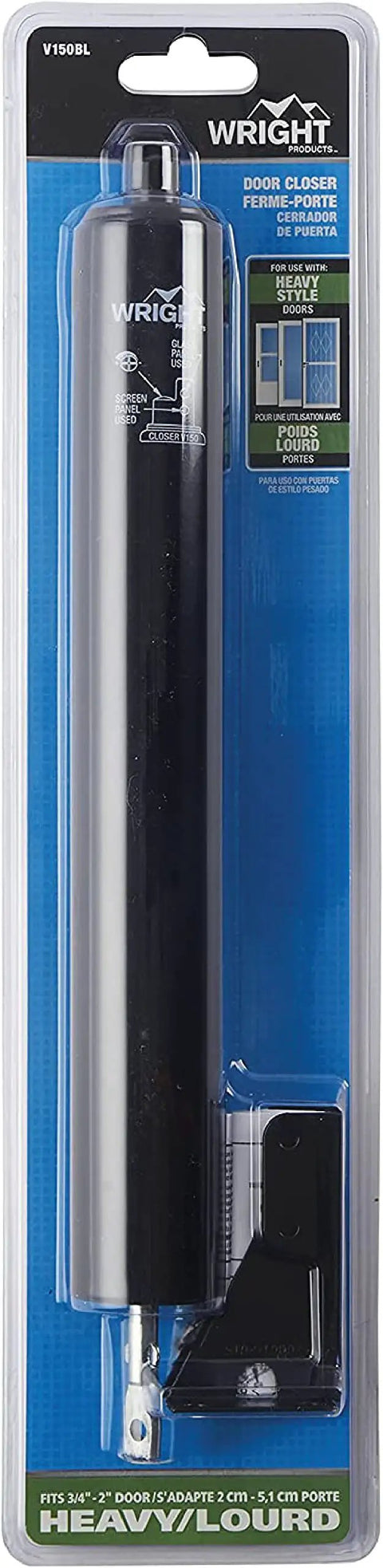 Premium Heavy Duty Pneumatic Storm Door Closer Built Tough As Nails With Smooth Adjustable Quiet Closing and Secure Hold Open Mechanism for Medium To Heavy Outswing Security Doors in black and silver packaging.
