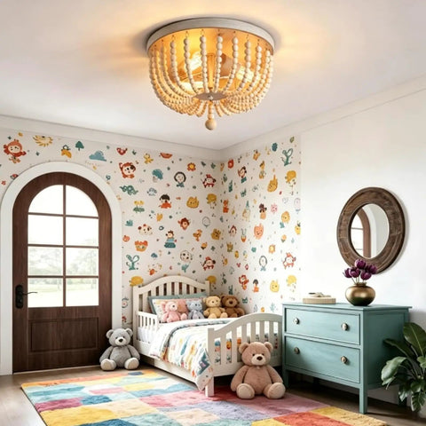 Wood Beaded Chandelier 3 Light Semi Flush Mount Boho Farmhouse Ceiling Light in Oak White Finish in cozy bohemian nursery