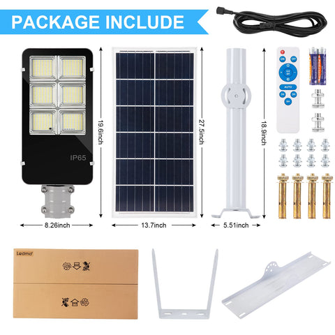 Solar Powered 300W LED Street Light For Outdoors Waterproof Dusk To Dawn Parking Lot Lighting With Remote Control Aluminum White Finish 30000 Lumen Mega Bright Outdoor Fixture package contents