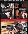Beast Half Inch Cordless Impact Wrench Kit With 20V Brushless Motor used in different scenarios: tire, metal, wood, engine.