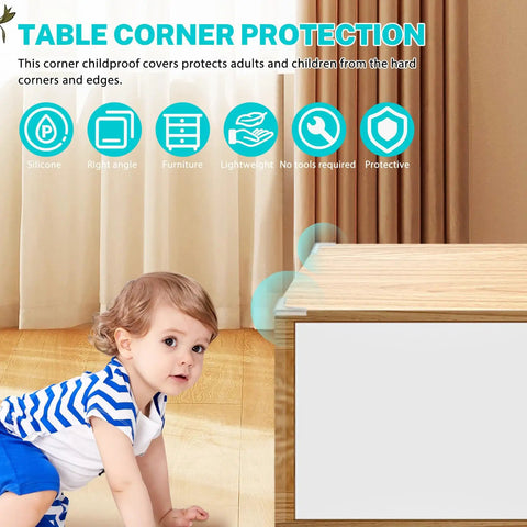 Image of a toddler near a table with Eight Piece Silicone Corner Protectors For Baby Proofing And Home Safety Slim Edge Guards.