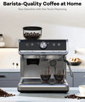 Pro Vibes Espresso Machine With Built In Burr Grinder And Milk Frother, 30 Setting Coffee Maker, brews espresso in two glasses.