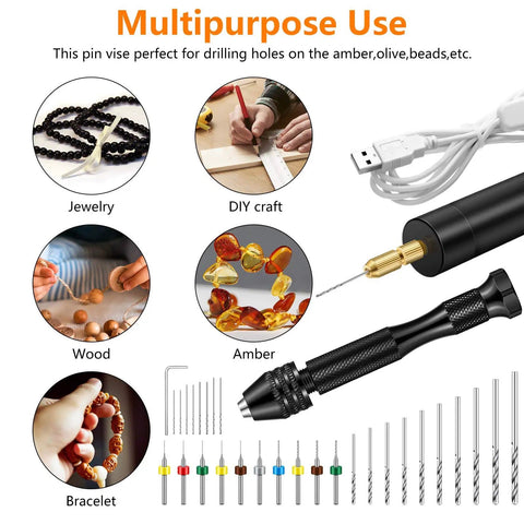 Must Have Resin Jewelry Drill Kit With Electric Hand Drill And Pin Vise, drill bits, pin vise, applications for jewelry and crafts.