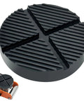 Front view of round black rubber floor jack pad with cross-shaped grooves for universal jack adapter
