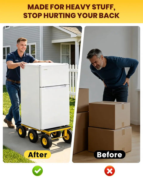 Beast Mode Six Wheel All Terrain Furniture Dolly Moves Heavy Loads up to 1500 Lbs Heavy Duty Moving Cart 35x18 Inches with Rust Proof Welded Frame and Non Marking Pads for Smooth Transport Anywhere Without Breaking a Sweat During Moves, moving a refrigerator