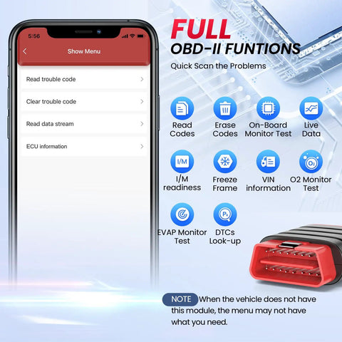 All In One OBD2 Bluetooth Diagnostic Tool For iOS And Android With Full System Car Scan And Check Engine Light Codes displayed on phone screen