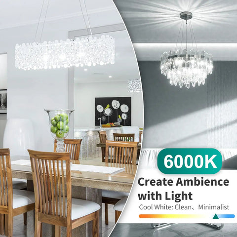 Modern dining room with chandelier, showcasing the effect of G9 LED Bulb 4W Cool White 6000K, 400 Lumens lighting