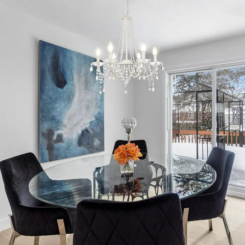 Dining room with Six Light White Crystal Candle Chandelier for Dining Room And Living Spaces Modern Farmhouse Glam Fixture