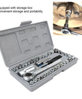 Hella Durable 40-Piece Socket And Wrench Set Featuring Metric And SAE Sizes For Your Ultimate Automotive and Motorcycle Repair Rig Including All Essential Bits To Fix Your Setup Quick Without Breaking A Sweat in storage box.