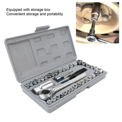 Hella Durable 40-Piece Socket And Wrench Set Featuring Metric And SAE Sizes For Your Ultimate Automotive and Motorcycle Repair Rig Including All Essential Bits To Fix Your Setup Quick Without Breaking A Sweat in storage box.