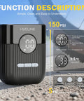Mini Electric Bike Pump On The Go With 30 Second Fast Inflate And 150 PSI High Pressure Gauge in black, close-up view.
