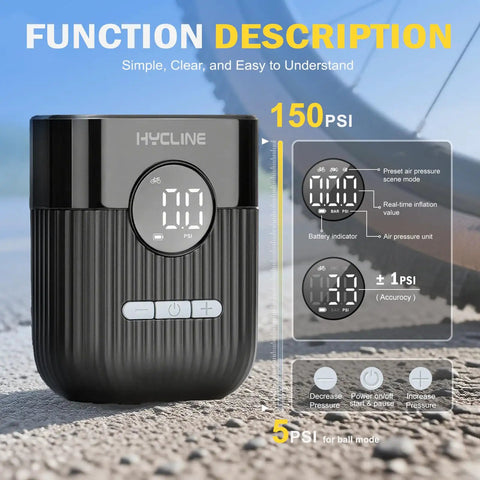 Mini Electric Bike Pump On The Go With 30 Second Fast Inflate And 150 PSI High Pressure Gauge in black, close-up view.