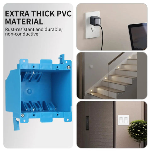 Collage showing Two Gang PVC Old Work Retrofit Standard Switch And Outlet Wall Box Non Metallic Blue 25 Cu In Capacity ETL Listed DIY Friendly Install For Home Wiring Non Conductive Junction Box Durable Plastic Construction For Residential Use