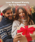 Couple excitedly holding a gift, with warm smiles, in a cozy holiday setting, celebrating love and togetherness.