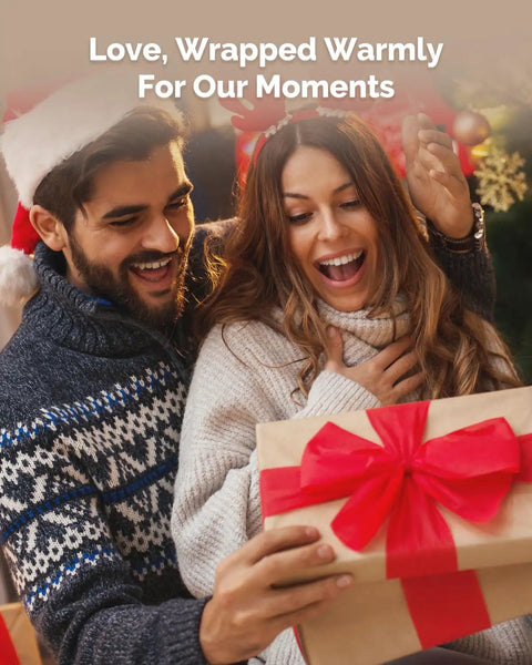 Couple excitedly holding a gift, with warm smiles, in a cozy holiday setting, celebrating love and togetherness.