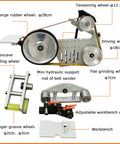 Pro Level Heavy Duty Belt Sander And Knife Grinder With Variable Speed Control, large rubber and various grinding wheels.