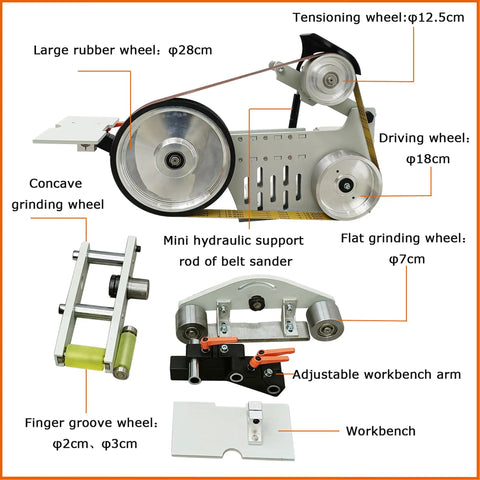 Pro Level Heavy Duty Belt Sander And Knife Grinder With Variable Speed Control, large rubber and various grinding wheels.