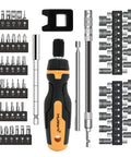 63 Piece Magnetic Ratcheting Screwdriver Bit Set With Multibit Driver Includes Slotted Torx Hex Pozi Philips Square Bits 20 SAE And Metric Nut Drivers Flexible Extension And Bit Holder Ideal For Home DIY Projects laid out.