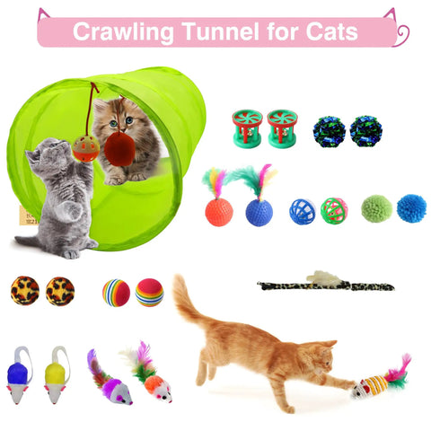 All In One 47 Piece Kitten Essentials Starter Kit For Kittens Under Six Months With Toys Bed Carrier Litter Box Bowls Grooming Tools And More For New Cat Parents In Pink, featuring a kitten playing in a green tunnel with various colorful toys.