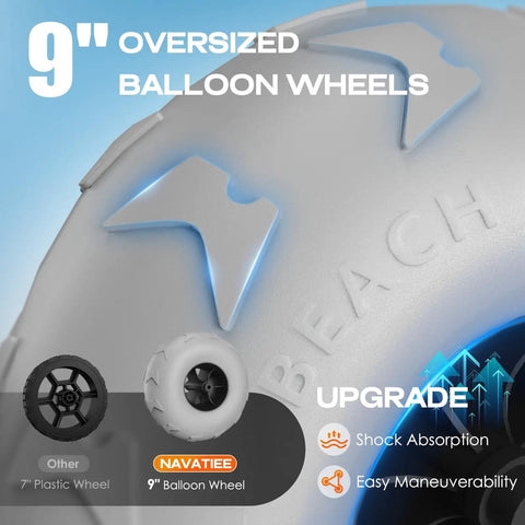 Close-up of 9-inch balloon wheels on Heavy Duty Double Decker Beach Wagon Cart With 500Lb Load Capacity for sand mobility.