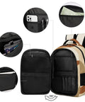 Open Earth Tone Abstract Curve Art Backpack for men and women showing roomy compartments, sturdy zippers, and organizer pockets.