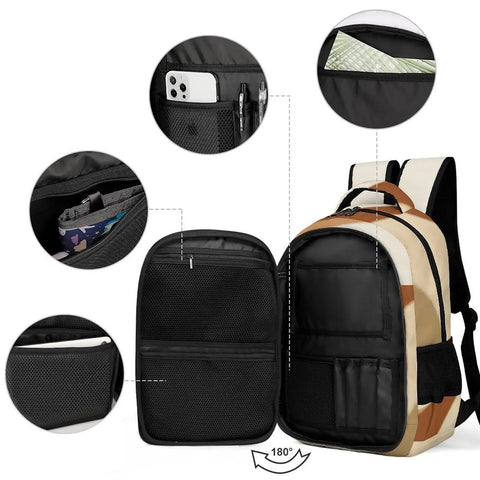 Open Earth Tone Abstract Curve Art Backpack for men and women showing roomy compartments, sturdy zippers, and organizer pockets.