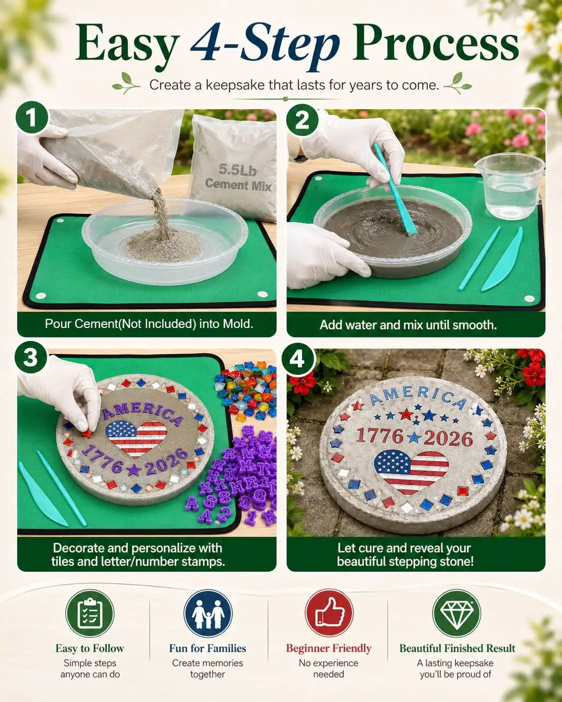 Kids DIY Stepping Stones Kit, 3 Molds, 370+ Tiles ✓