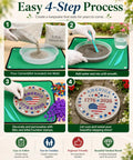 Step-by-step process for creating a Kids DIY Stepping Stones Kit With 3 10 Inch Round Molds, 370 Plus Mosaic Tiles, Alphabet And Number Stamps, Carving Tools.