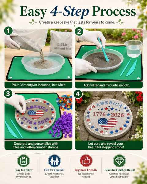Step-by-step process for creating a Kids DIY Stepping Stones Kit With 3 10 Inch Round Molds, 370 Plus Mosaic Tiles, Alphabet And Number Stamps, Carving Tools.