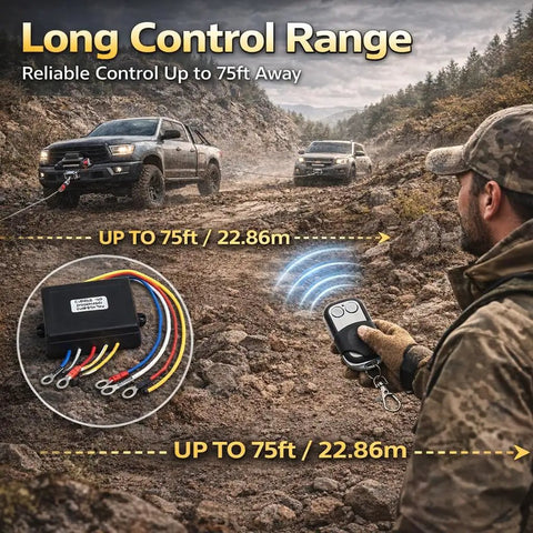Wireless Winch Remote Control Kit 12V 24V Universal Receiver With Dual Remotes For Trucks ATVs And SUVs Easy Install Plug And Play Ready Heavy Duty ABS Housing Long Range Weatherproof Wireless Winch Controller, receiver and remote in off-road recovery