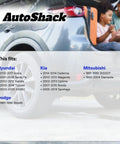 Rear view of a car with AutoShack logo, showing compatibility list for Hyundai, Kia, Mitsubishi, and Dodge models, fits guide.