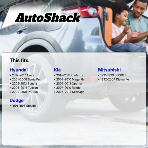 Rear view of a car with AutoShack logo, showing compatibility list for Hyundai, Kia, Mitsubishi, and Dodge models, fits guide.