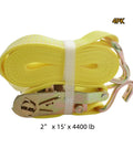 Heavy Duty Ratchet Tie Down Straps 2 Inch X 15 Feet With Reinforced Steel J Hooks 4 Pack coiled with buckles.