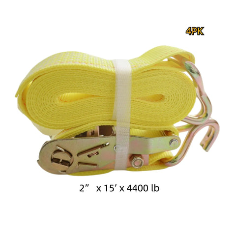 Heavy Duty Ratchet Tie Down Straps 2 Inch X 15 Feet With Reinforced Steel J Hooks 4 Pack coiled with buckles.
