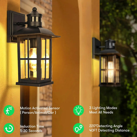 Motion Sensor Porch Light Anti Rust Aluminum Dusk To Dawn Outdoor Wall Lantern Sconce Matte Black Exterior Lighting For Entryway And Garage Weatherproof Seed Glass Fixture For Curb Appeal shown illuminating a porch.