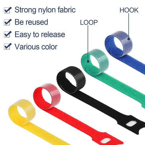 Image of 120 Pack 6 Inch Reusable Cable Ties Set For Home And Office Use, showing five colorful hook and loop cable ties on display.
