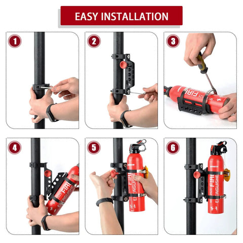 Easy installation steps for Adjustable Roll Bar Fire Extinguisher Mount for 1.75 to 2 inch cages on UTV ATV brackets.