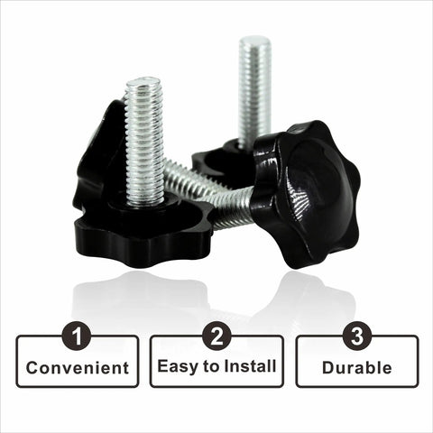 Heavy Duty M8 Star Knobs 4 Pack Solid Steel Core Handles For Patio Umbrella Base showing durable black plastic knobs with steel threads.