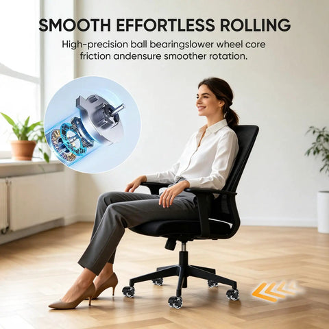 Heavy Duty Five Pack Super Slick Office Chair Caster Wheels With Silent Dual Bearings For Dang Smooth Swivel Glide On Hardwood Or Carpet, displaying ergonomic chair design and detailed wheel mechanism.