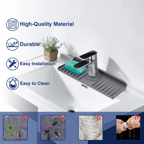 Sink Splash Guard And Silicone Faucet Mat For Kitchen And Bathroom Water Absorbent Drip Catcher on white sink, gray finish.