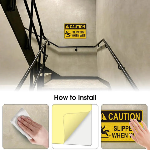 Caution Wet Floor Sign Set 10 X 7 Inch Two Pack Vinyl Sticker With High Visibility Reflective Waterproof Finish, Fade-Resistant Slippery When Wet Warning Decal For Commercial Kitchens, Offices, Warehouses And Restaurants on stair wall
